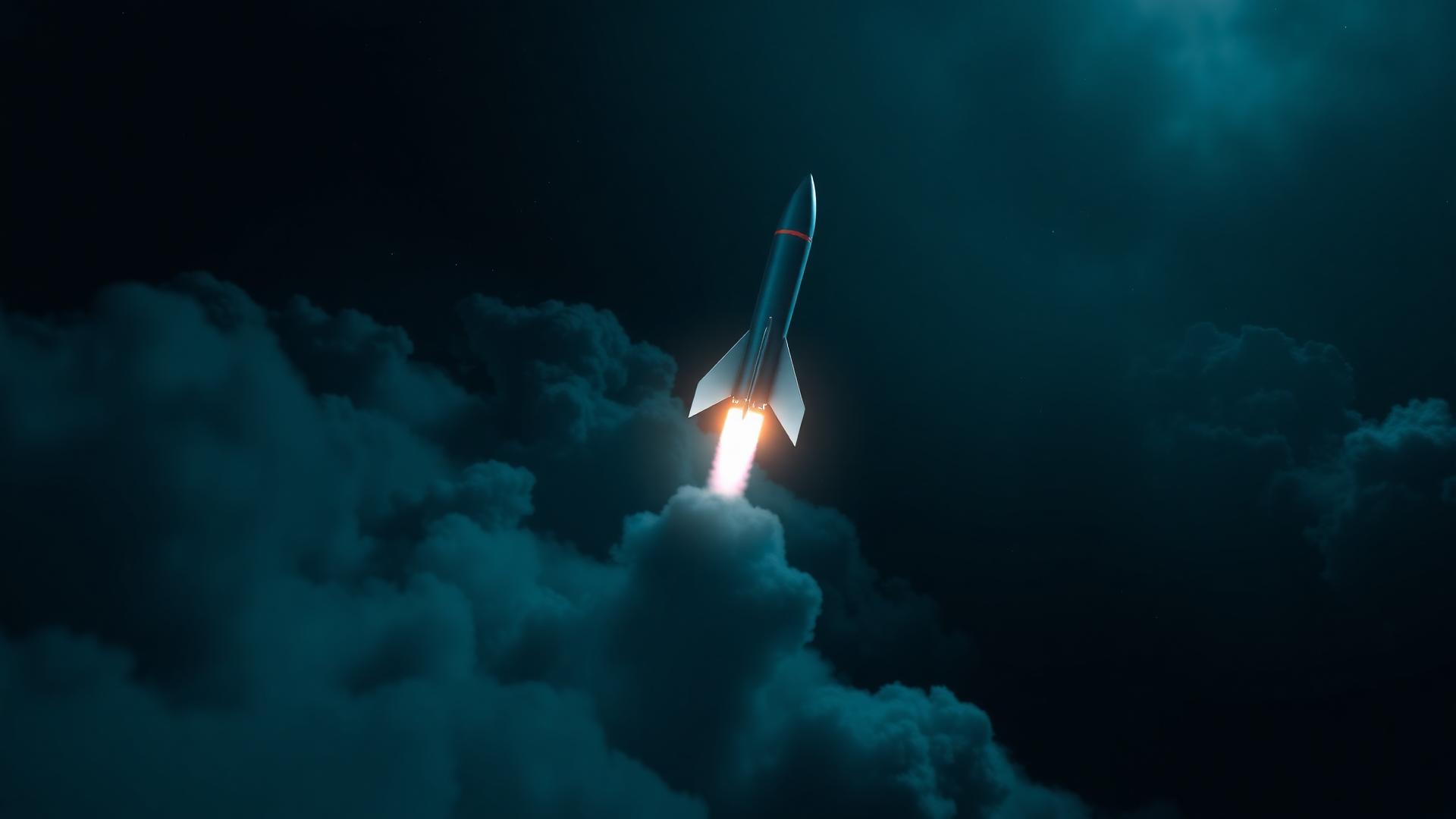 Rocket ascending through nebula clouds
